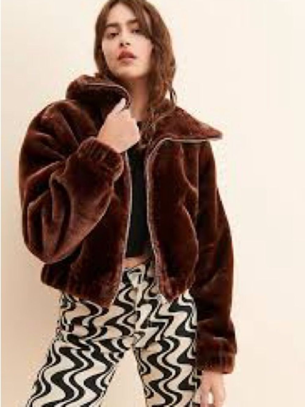 BLANKNYC Midnight Run Brown Plush Faux Fur Bomber Jacket Cropped Small